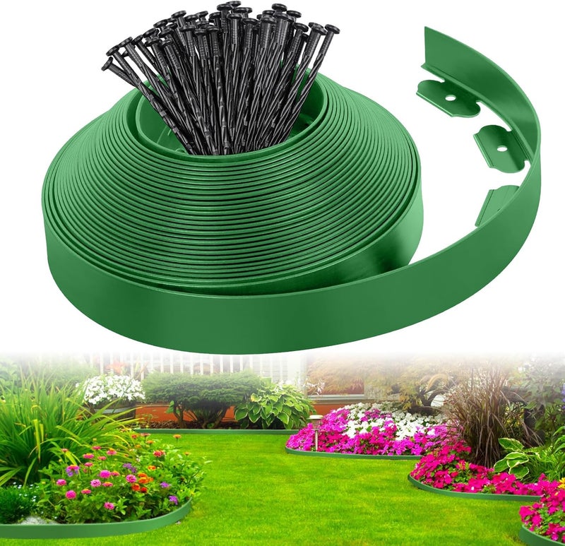 FunFanso 2-Inch x 33 FT Landscape Edging Border with 50 Spikes, Garden Edging Lawn Edging Border Kit, Plastic Edging Border Flexible for Garden Flower Beds Lawn Yard Pathway (Green) - Image 1
